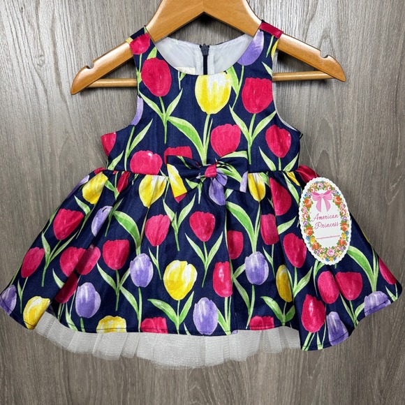 American Princess Other - American Princess Tulip Floral Dress Girls 9M Navy Blue Spring Easter Party NWT